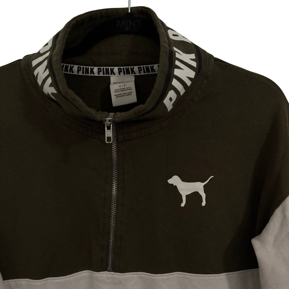 PINK Victoria's Secret Quarter Zip‎ Pullover Sweatshirt Green Cream Small